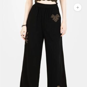 Disturbia Follate Linen Blend Embroidered Wide Leg Trousers / Black